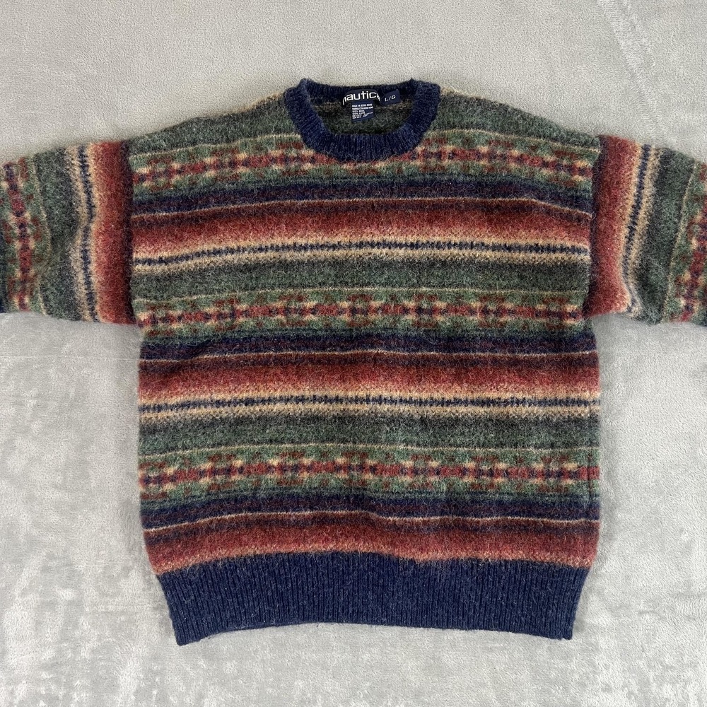 Vintage Nautica Sweater Mens Large Multicolor Wool Crewneck Knit Hong Kong 90s - Picture 2 of 8